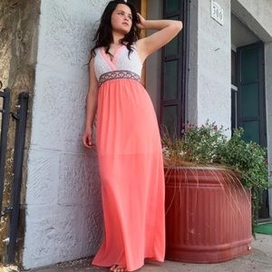 Anthropologie Flying Tomato Coral Crocheted Lace And Chiffon Maxi Dress, M